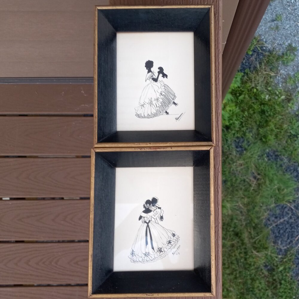 Vintage Woman Holding Dog and Couple Dancing Silhouettes Framed Wall Art Signed